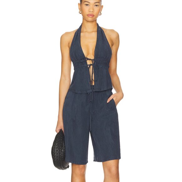 Free People Sidra Short SET in India Ink Dark Blue Denim Top and Shorts Small S - Picture 1 of 3